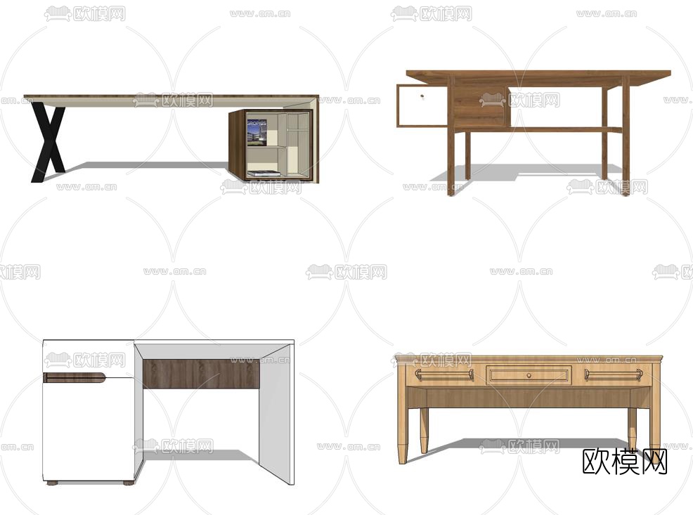 现代实木电脑桌组合su模型下载