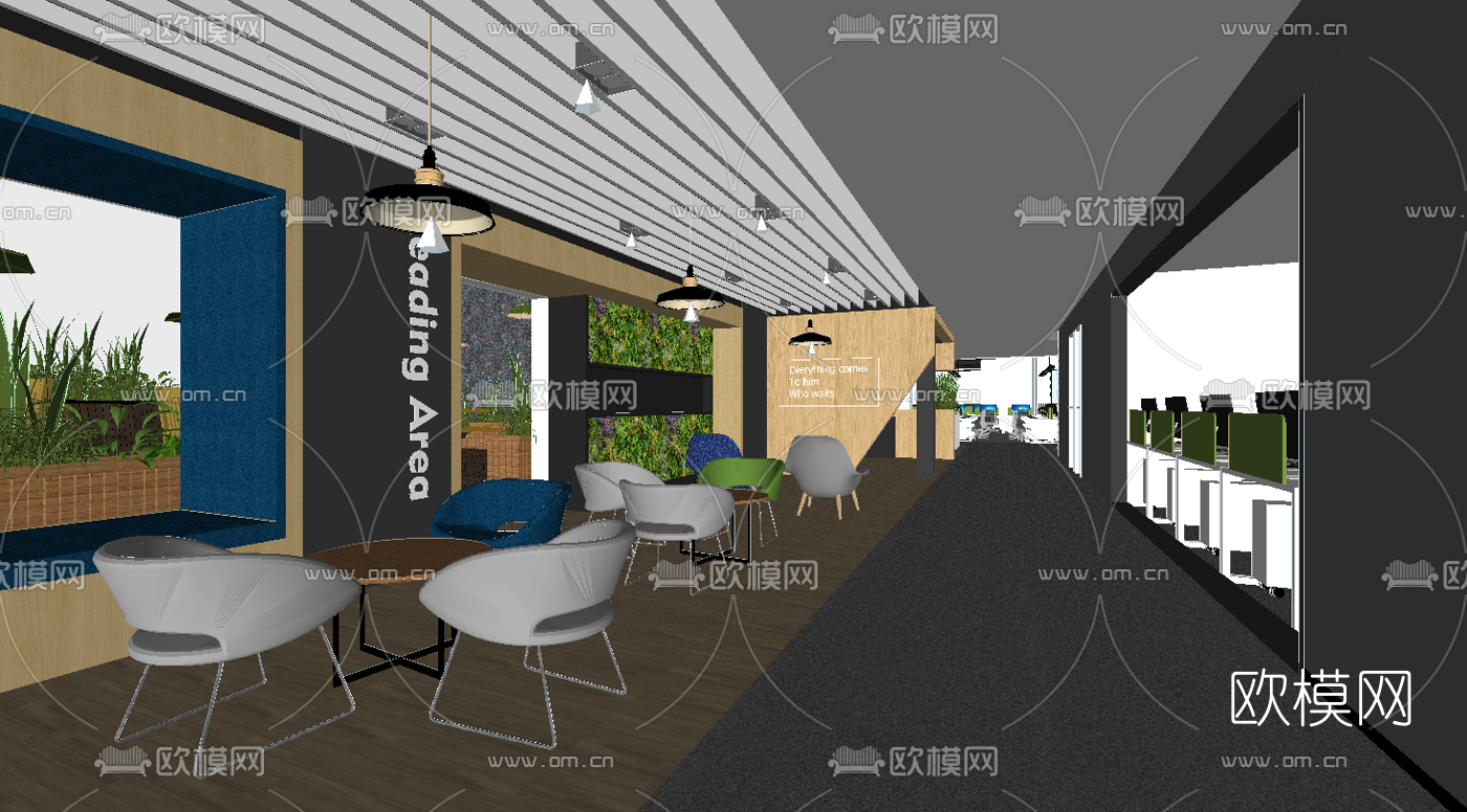 现代敞开式办公室su模型下载（渲染图1）