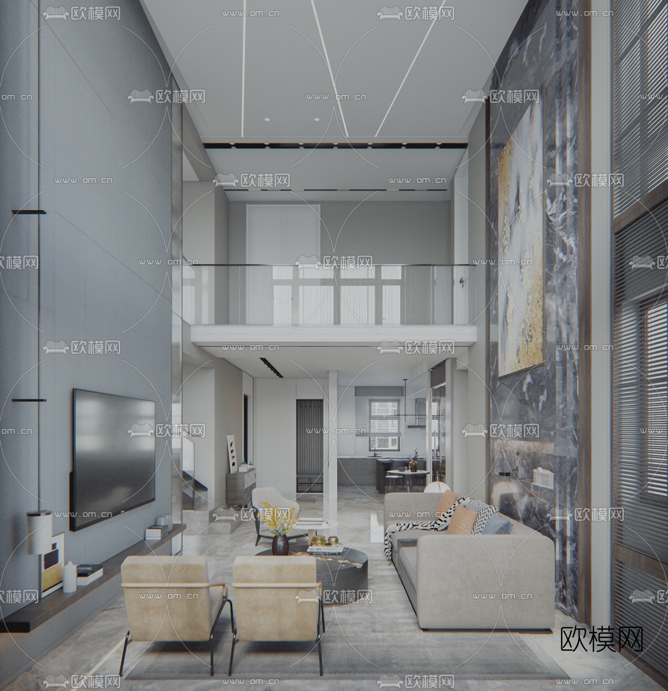 现代别墅客厅餐厅3d模型