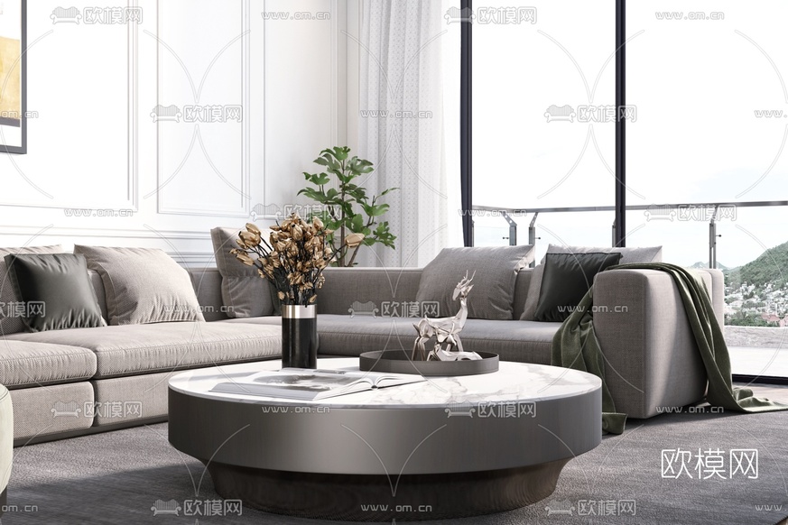 简欧布艺沙发组合3d模型下载(渲染图2)
