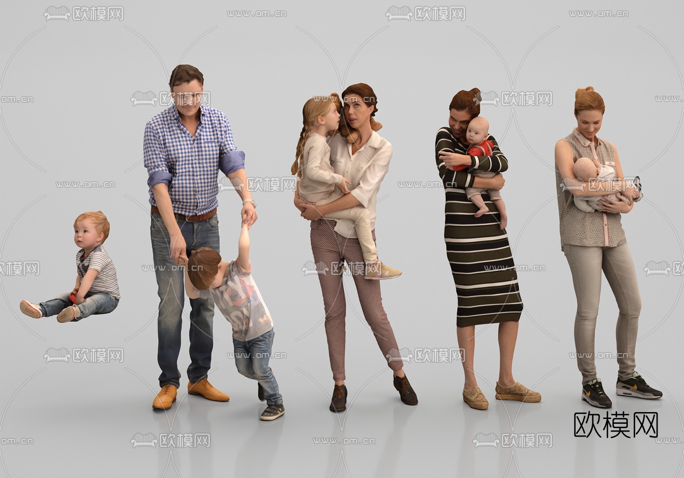 现代父母儿童婴儿人物3d模型