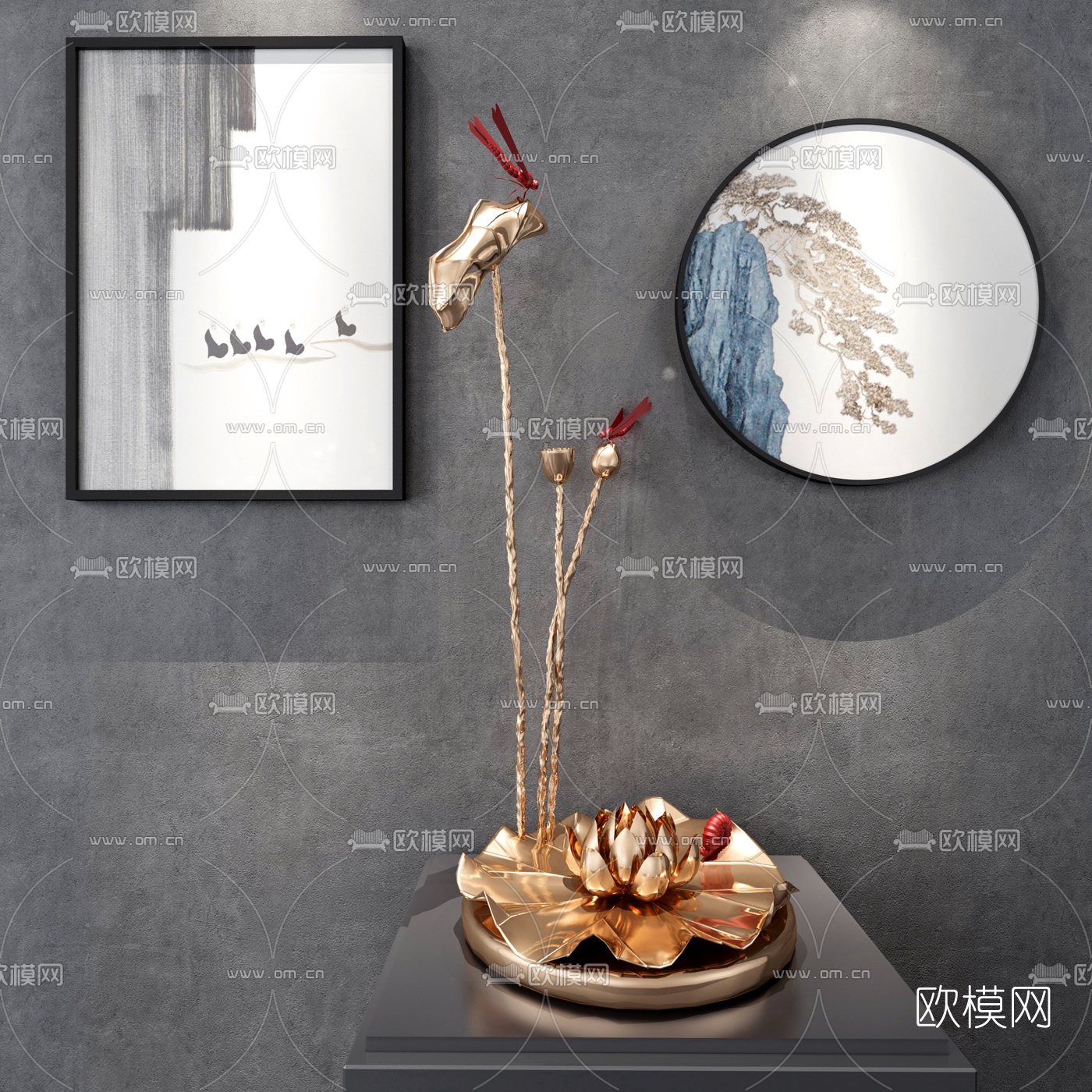 新中式荷花挂画摆件3d模型