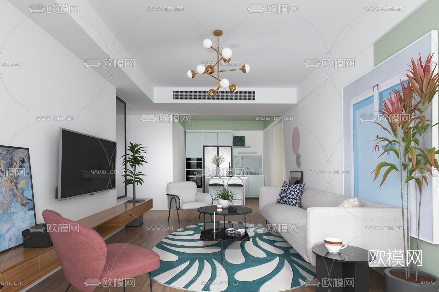 清羽设计 北欧客厅厨房3d模型