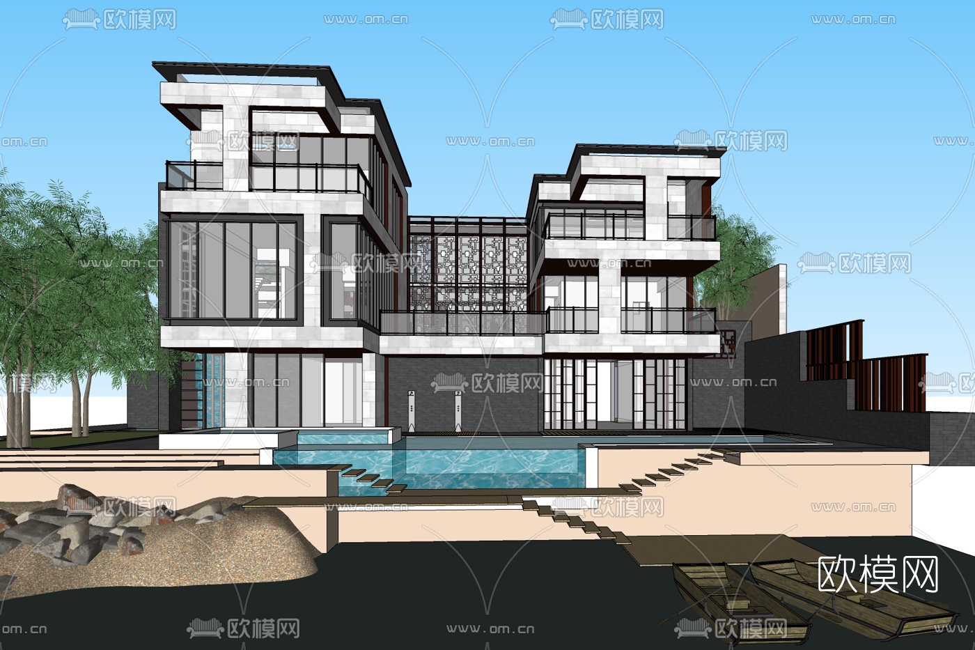 现代别墅外观免费su模型-免费3dmax模型库-欧模网
