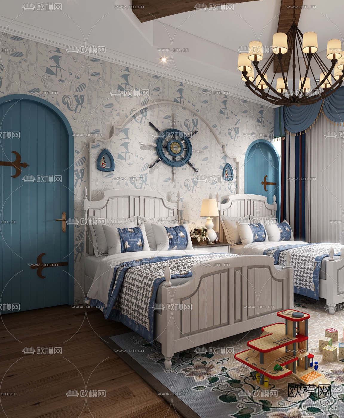 地中海双床卧室小孩房3d模型下载（渲染图2）