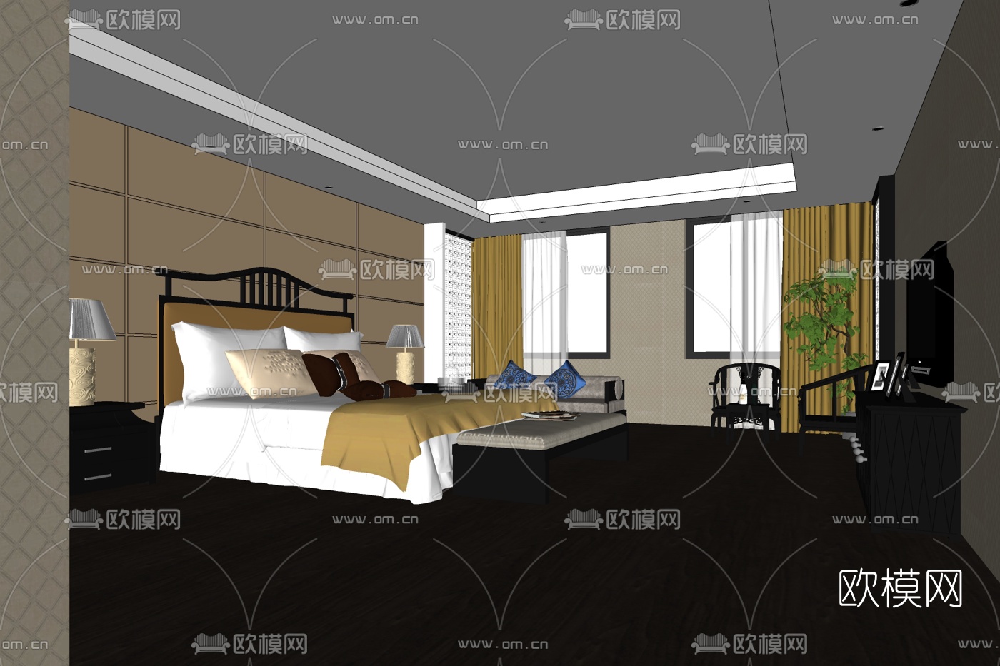 新中式卧室免费su模型下载