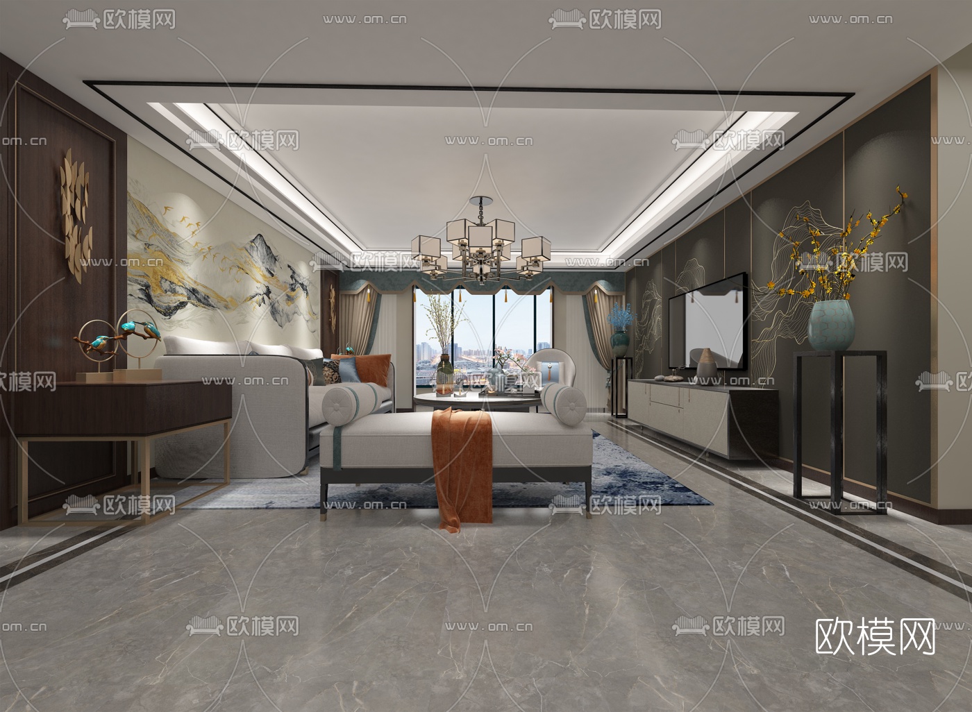 新中式客厅免费3d模型-免费3dmax模型库-欧模网