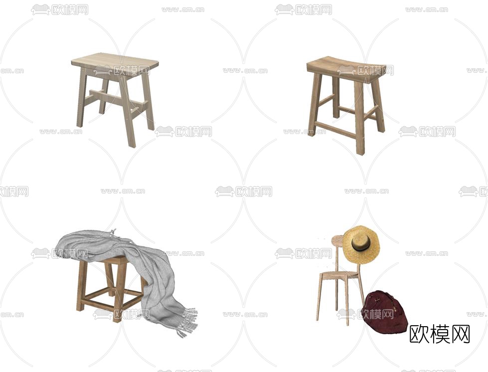 北欧原木凳子组合su模型下载