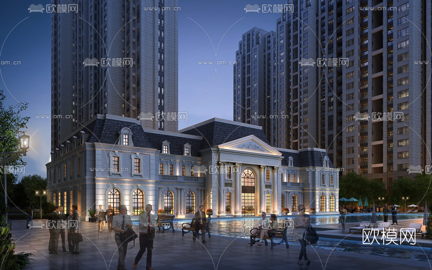 欧式会所外观夜景3d模型