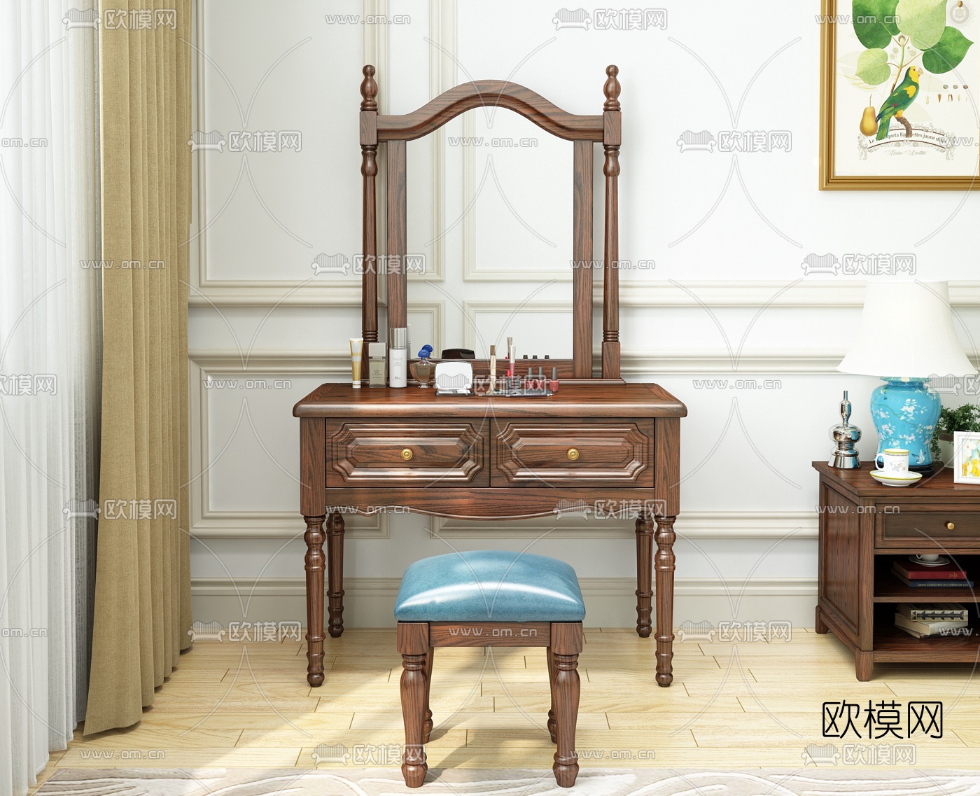 美式实木梳妆台3d模型下载（渲染图1）
