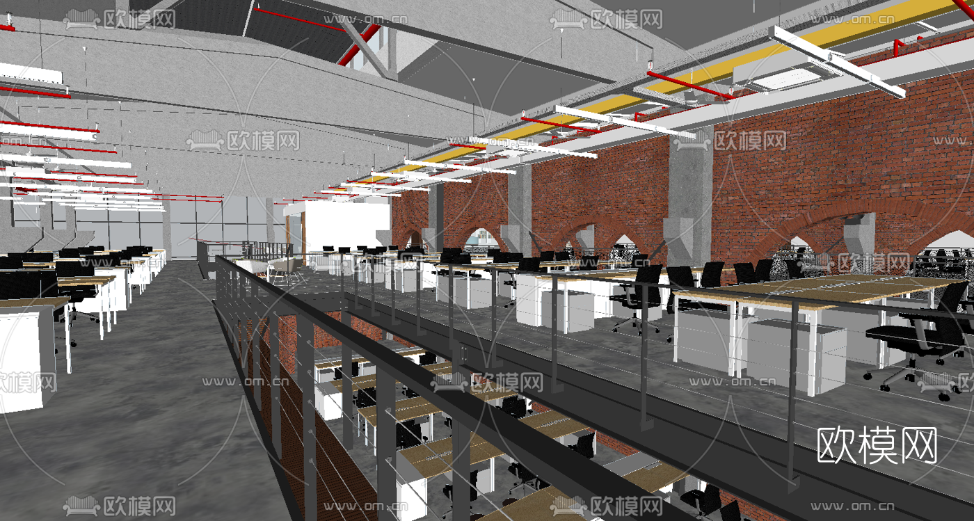 工业风敞开式办公区su模型下载（渲染图3）
