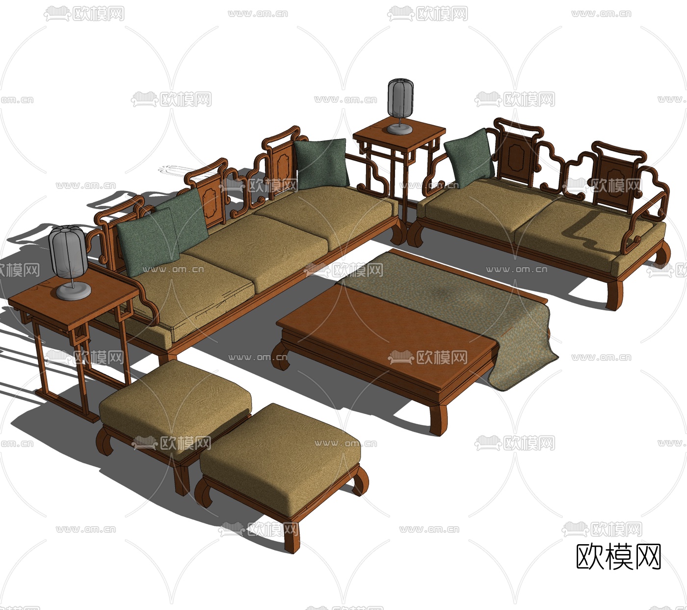 中式实木沙发组合免费su模型下载