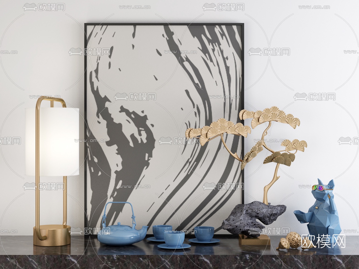 新中式台灯茶杯挂画饰品摆件3d模型