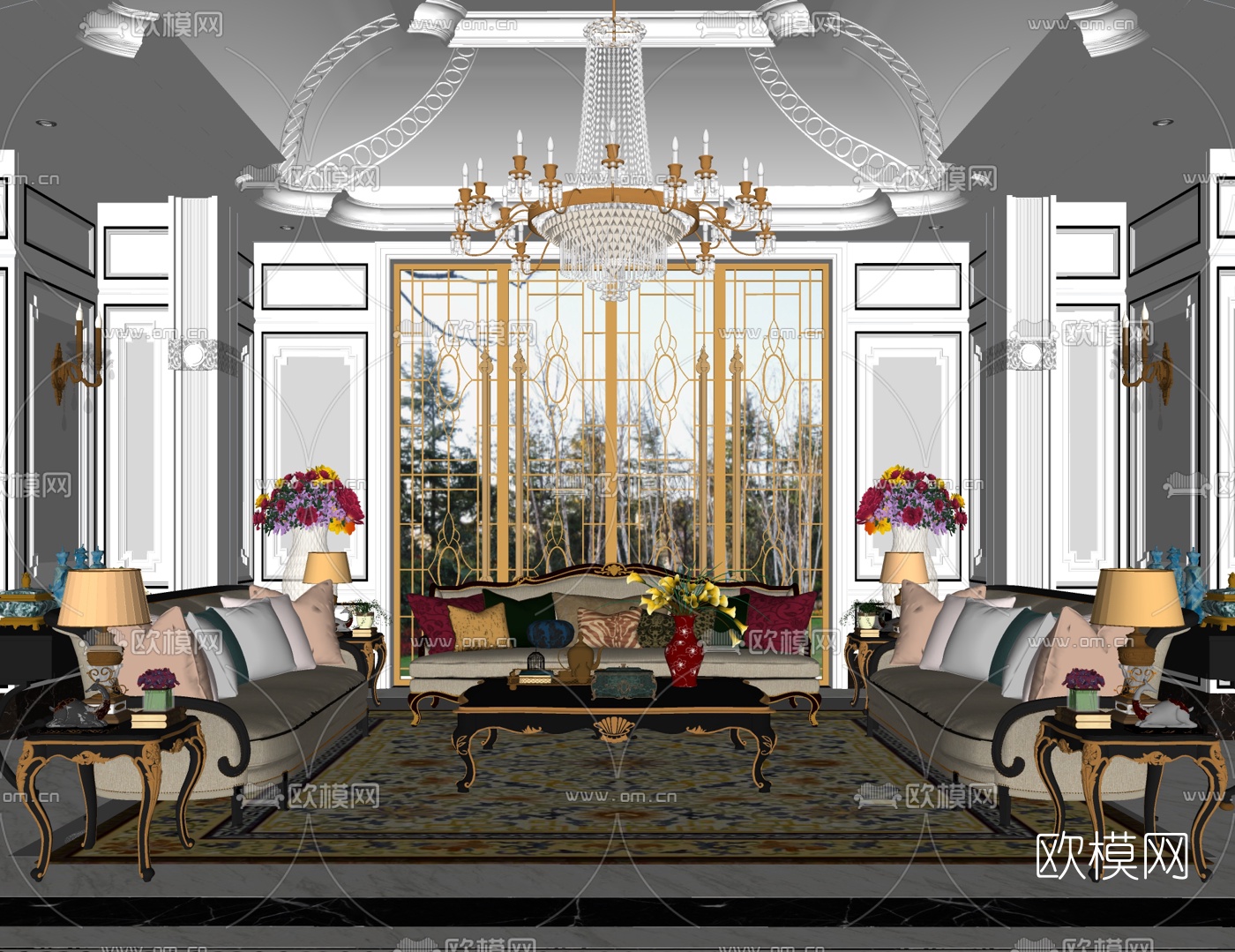 新古典奢华客厅su模型下载