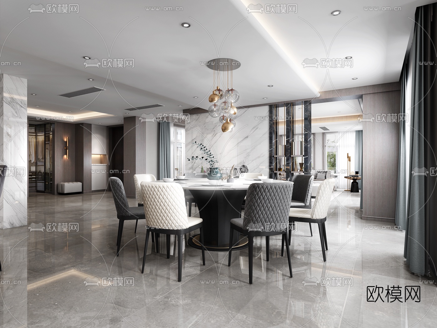 现代复式轻奢客厅餐厅门厅3d模型