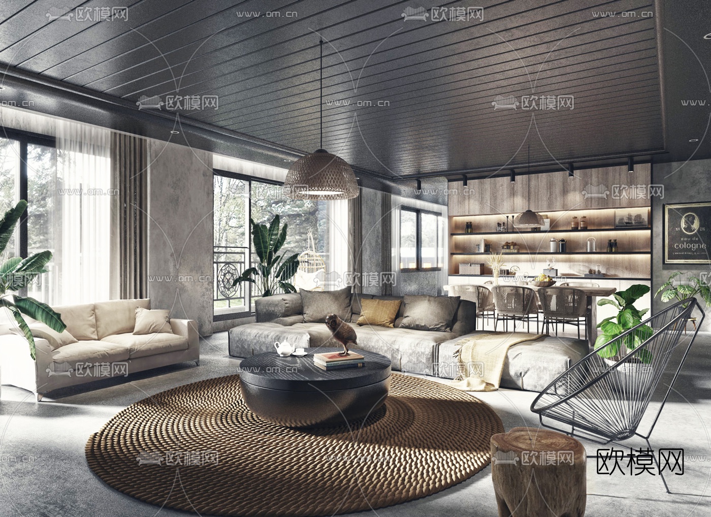 工业风客厅餐厅3d模型下载