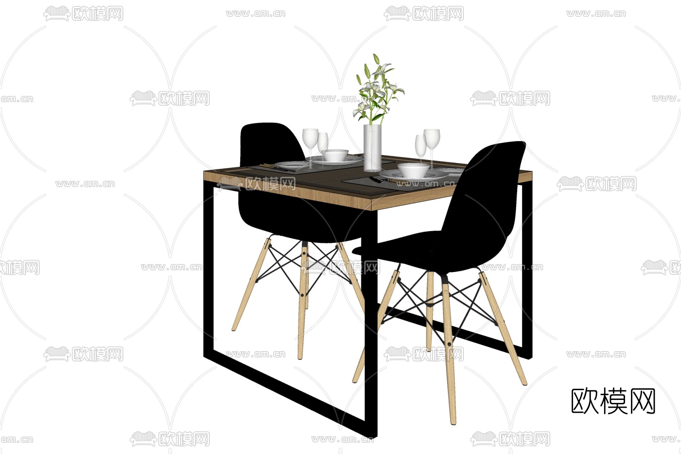 北欧实木餐桌椅免费su模型下载