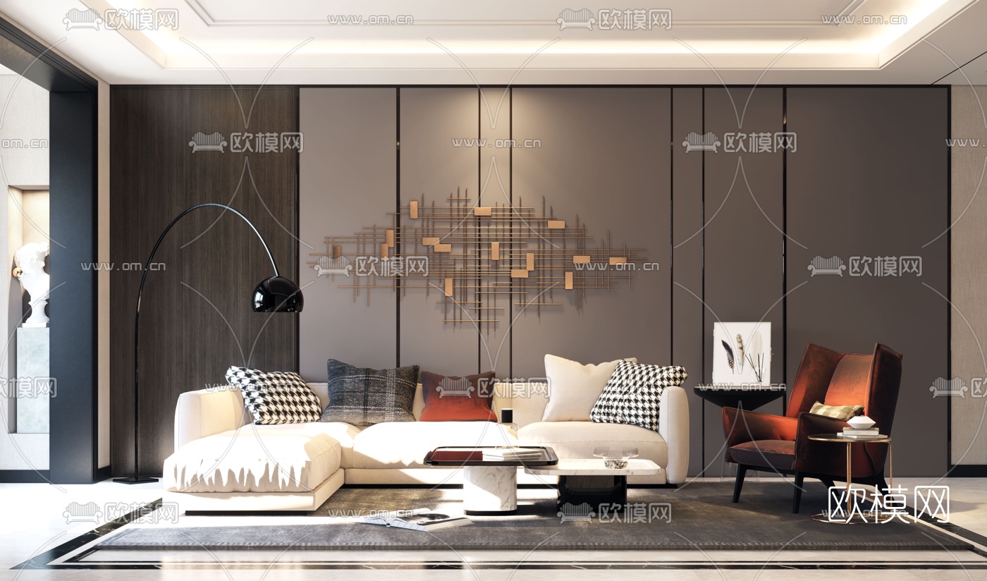 现代布艺组合沙发su模型下载（渲染图1）