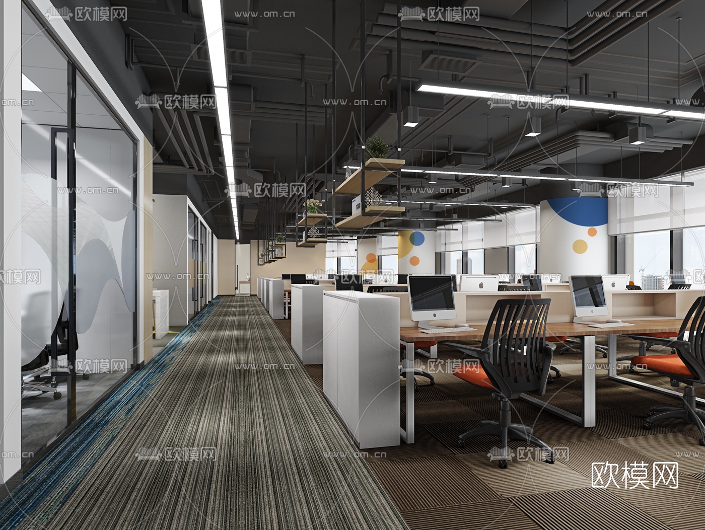 工业风开放式办公区3d模型下载_ID10018750_3dmax免费模型-欧模网