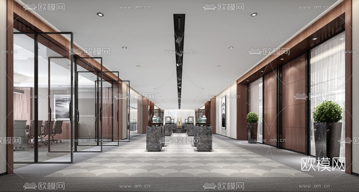 新中式办公休息区过道3d模型下载