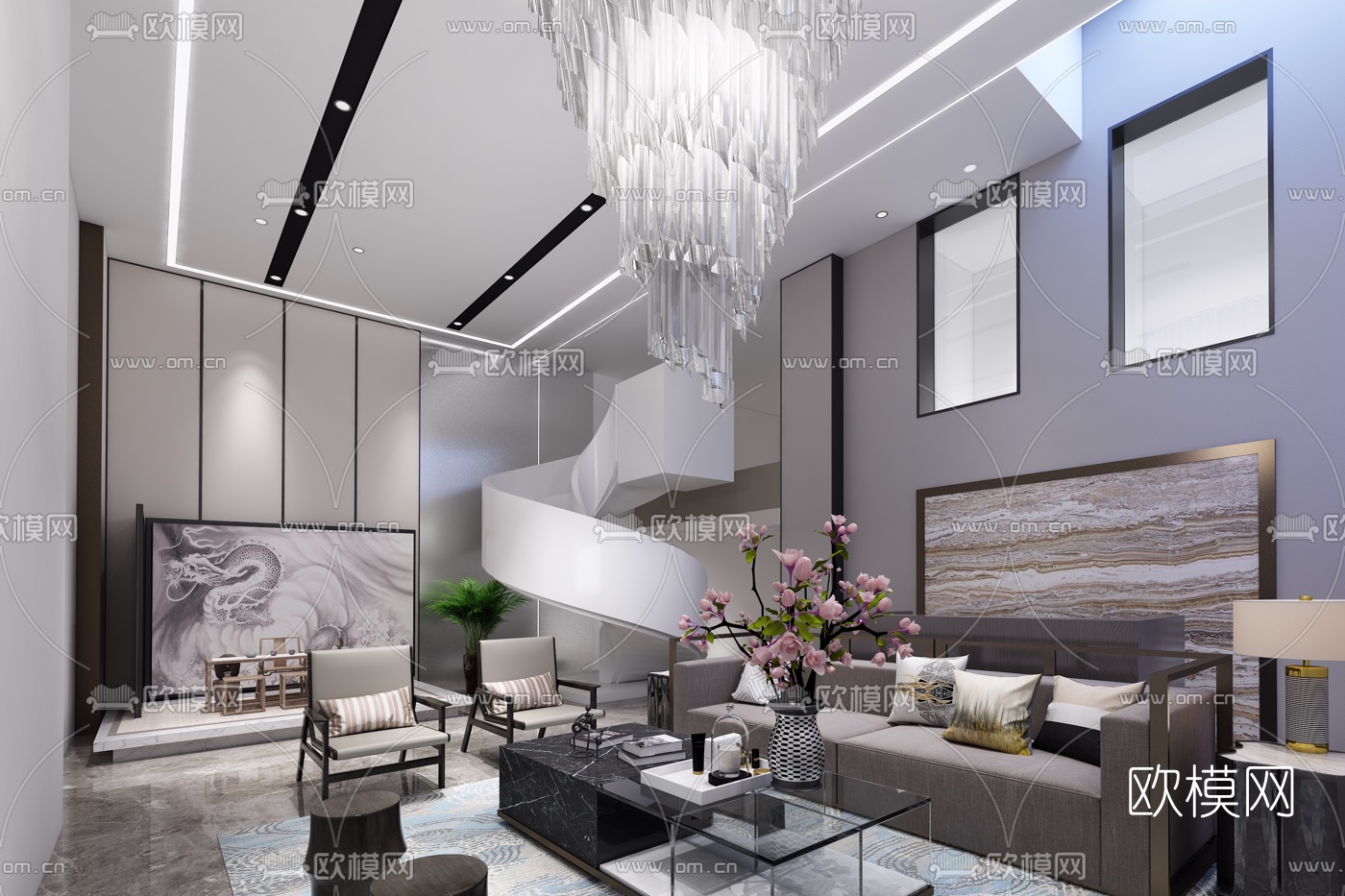 岳蒙设计 新中式别墅客厅3d模型下载