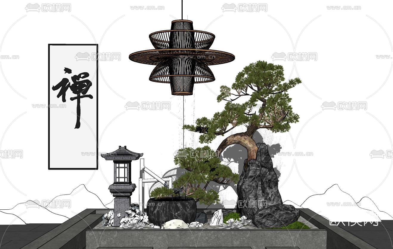新中式假山松树景观小品su模型
