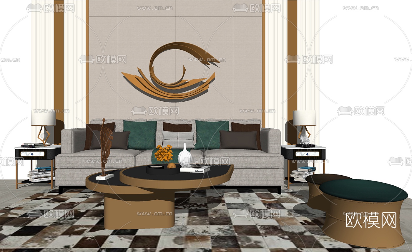 后现代布艺沙发组合su模型下载