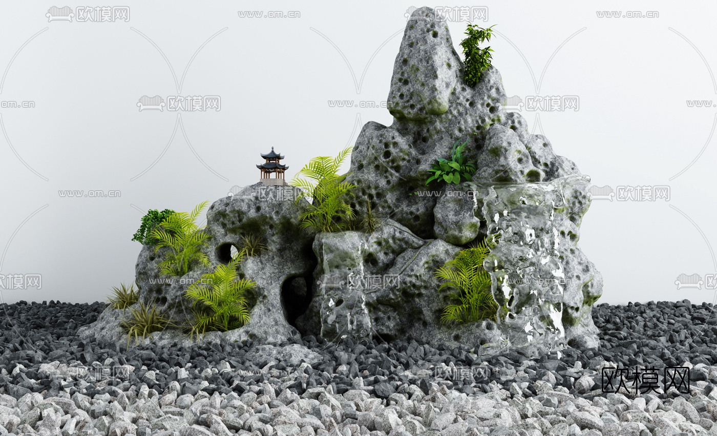 新中式景观小品流水石3d模型下载