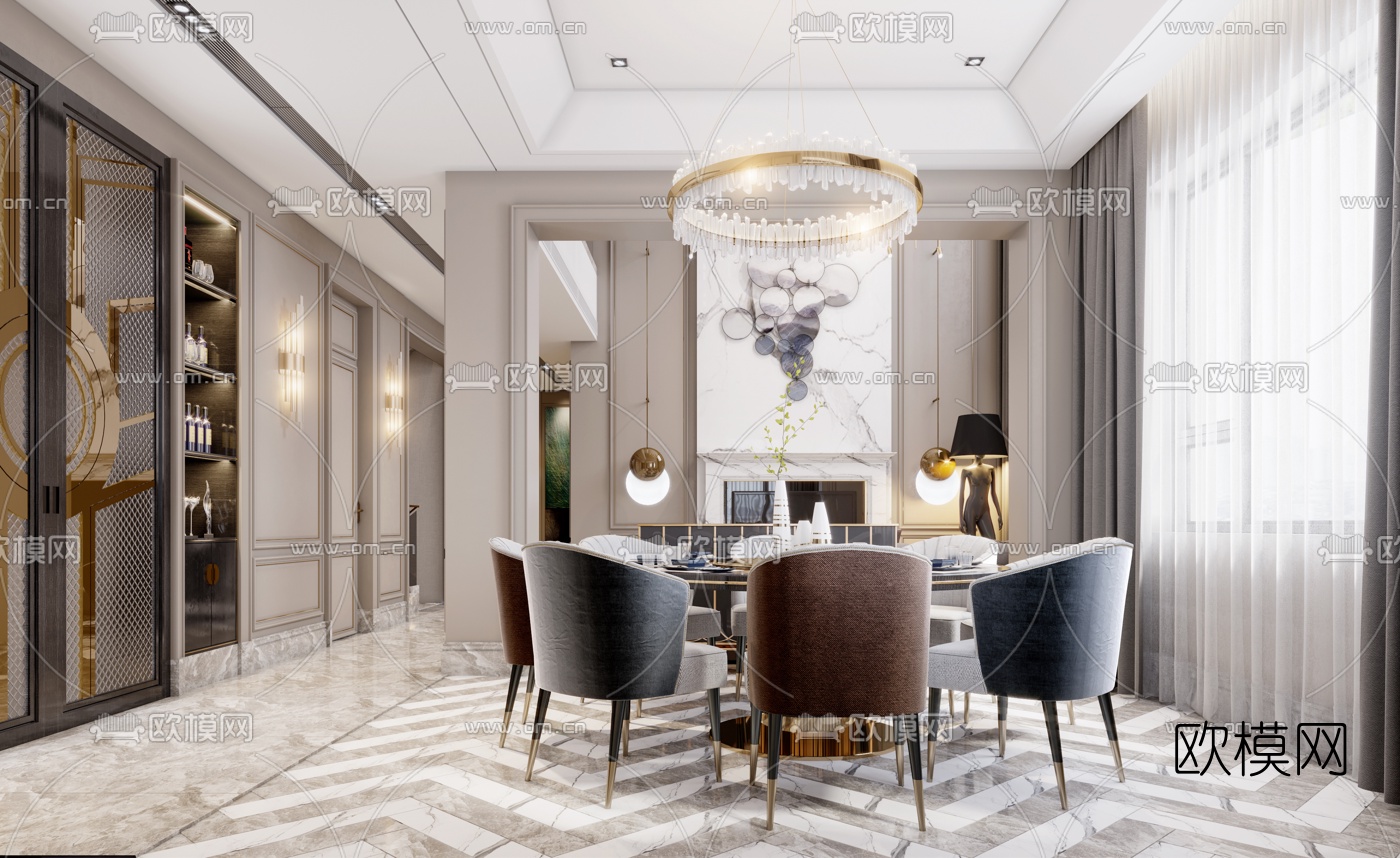 简美轻奢别墅客厅餐厅3d模型