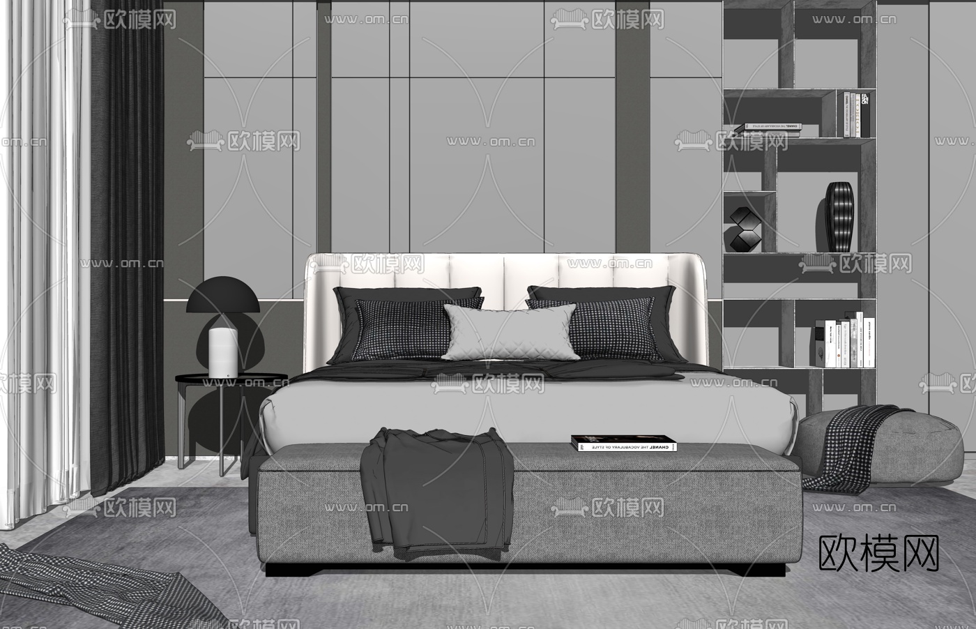 现代布艺双人床su模型