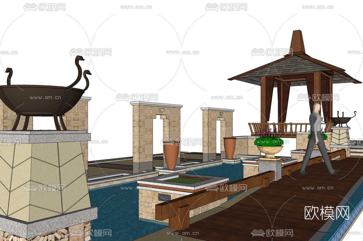 东南亚凉亭景观墙小品免费su模型下载