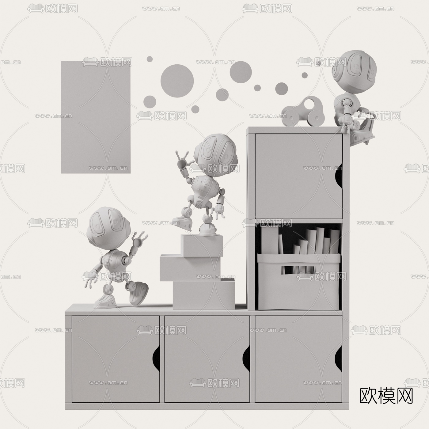 现代儿童书柜玩具柜3d模型下载（渲染图2）