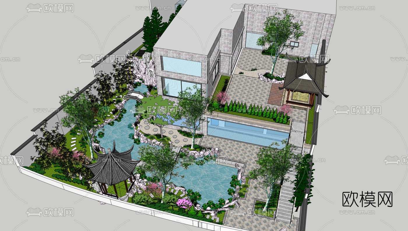 中式别墅庭院景观su模型下载（渲染图2）