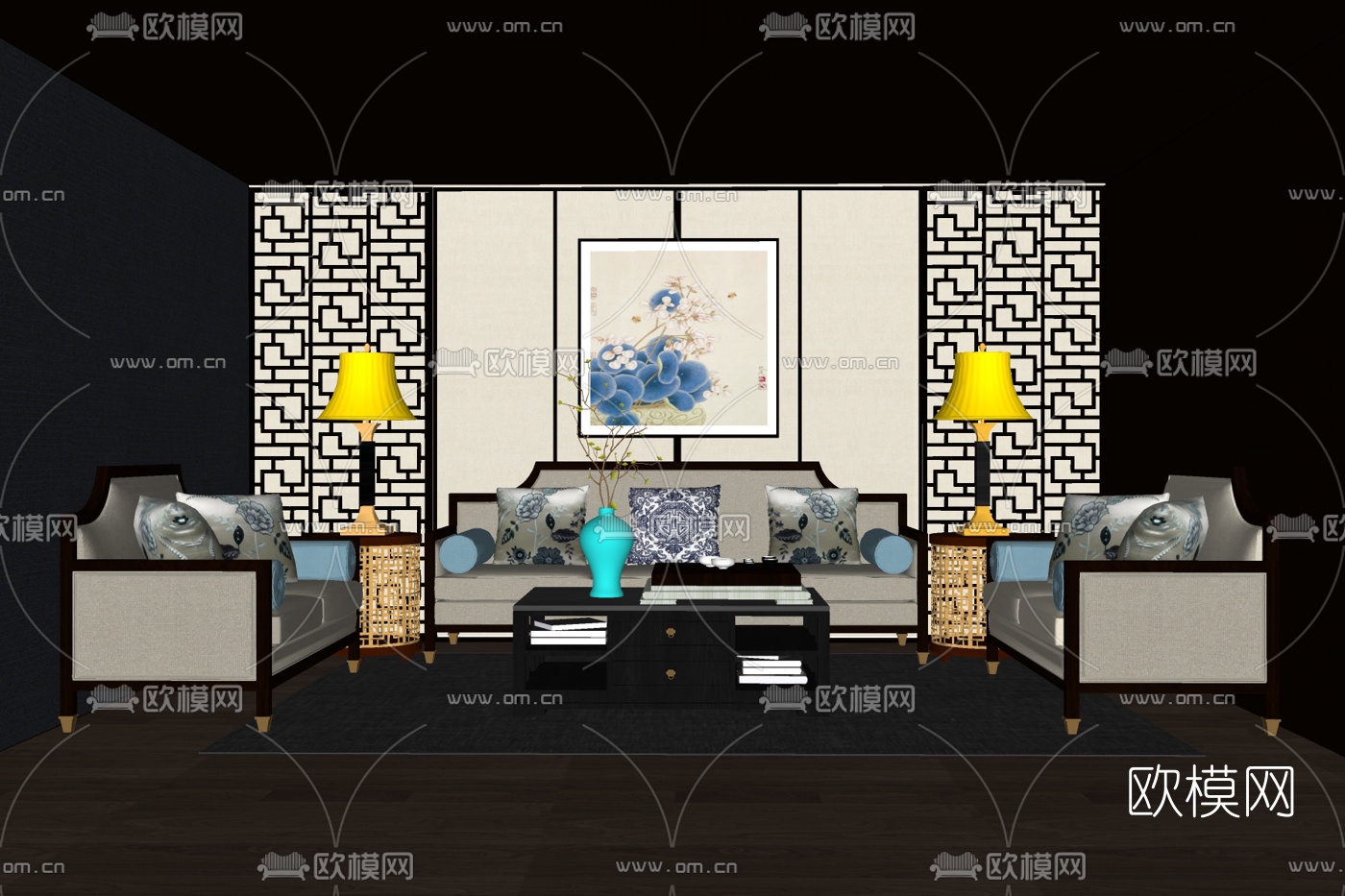 新中式组合沙发免费su模型下载