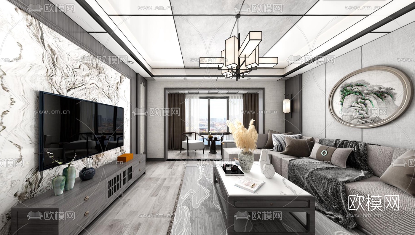 新中式客厅餐厅vr全景3d模型