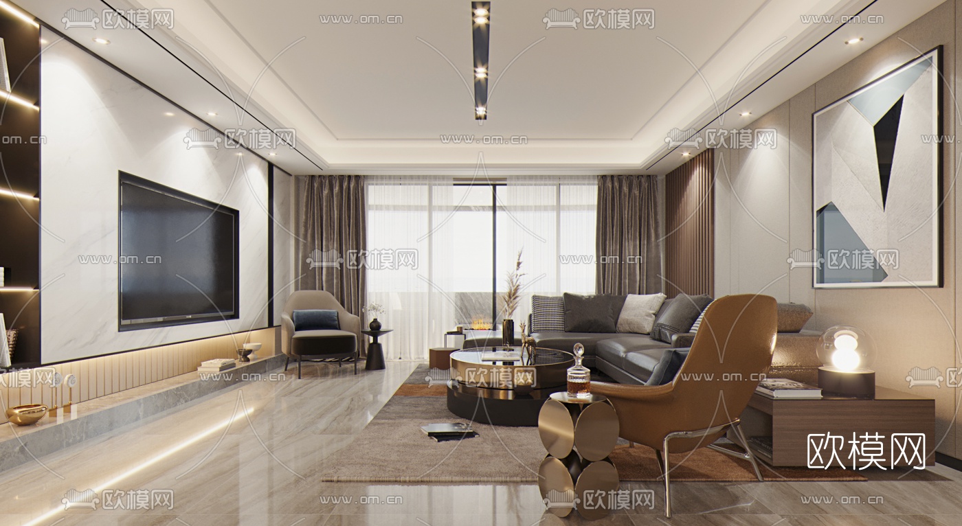 现代轻奢客厅餐厅3d模型