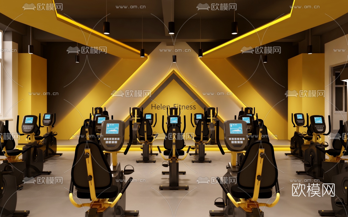 工业风动感单车健身房3d模型下载（渲染图1）