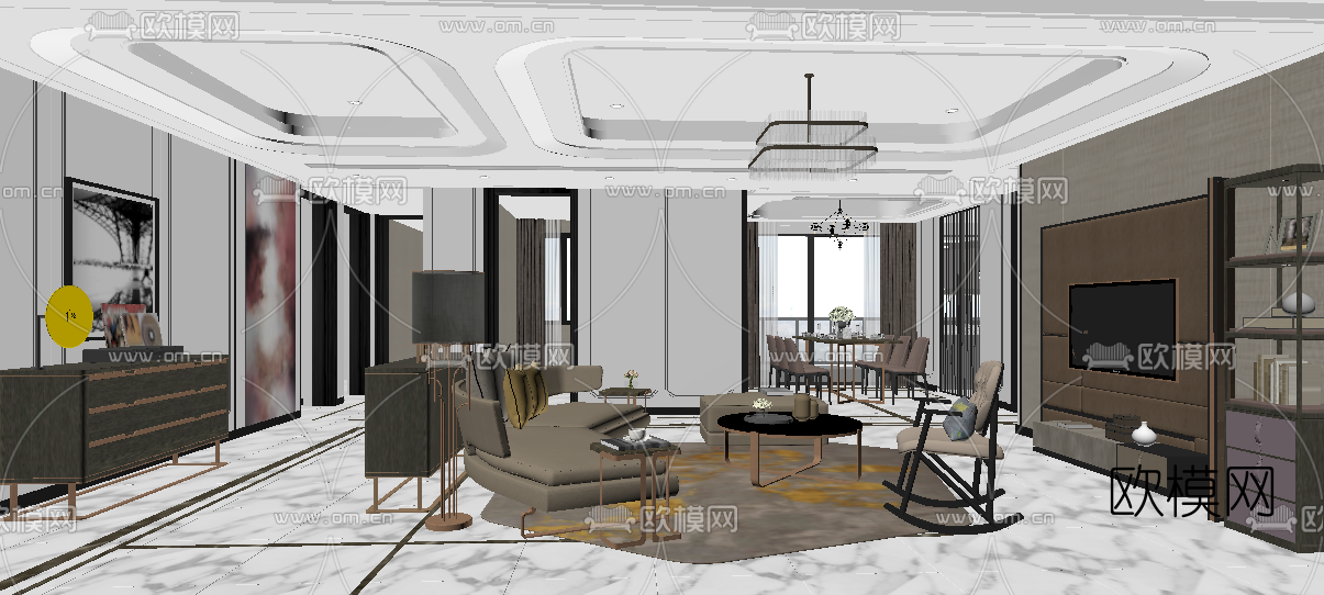 现代轻奢客厅餐厅su模型下载