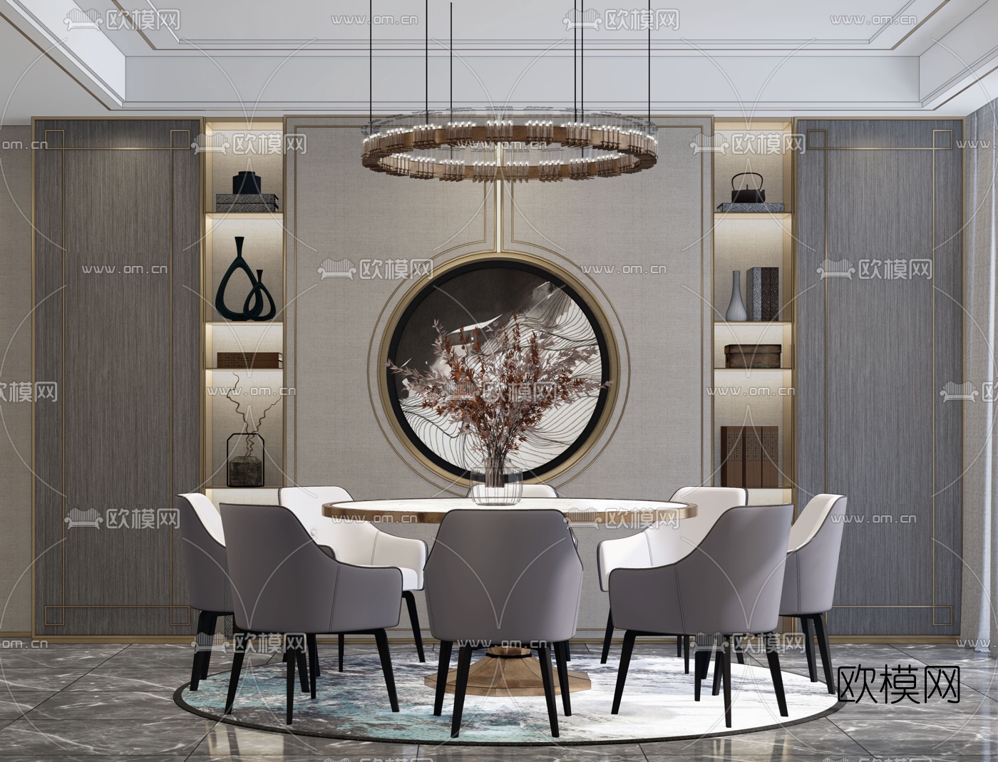 新中式圆形餐桌椅su模型下载（渲染图2）