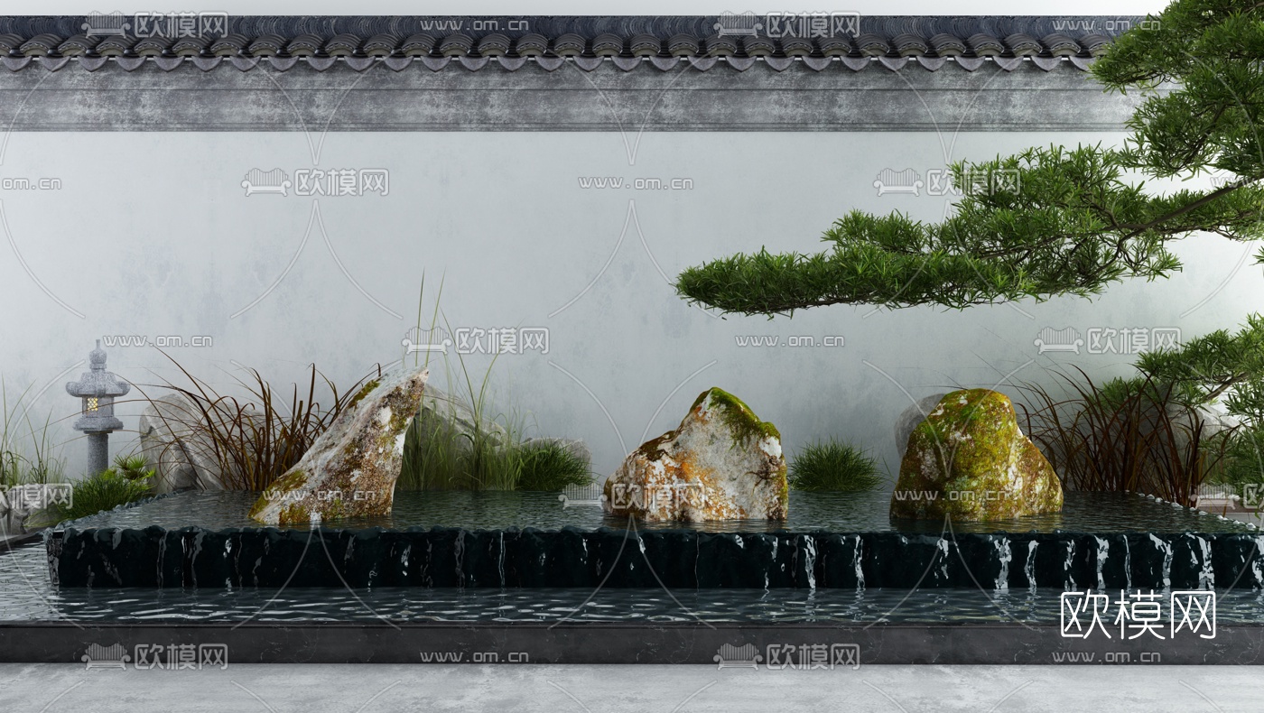 新中式松树山石水景3d模型