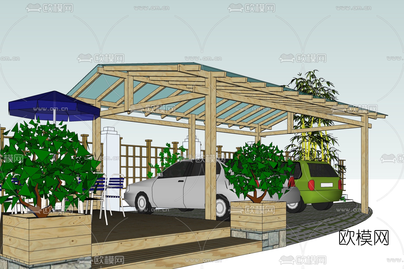 现代停车棚免费su模型下载