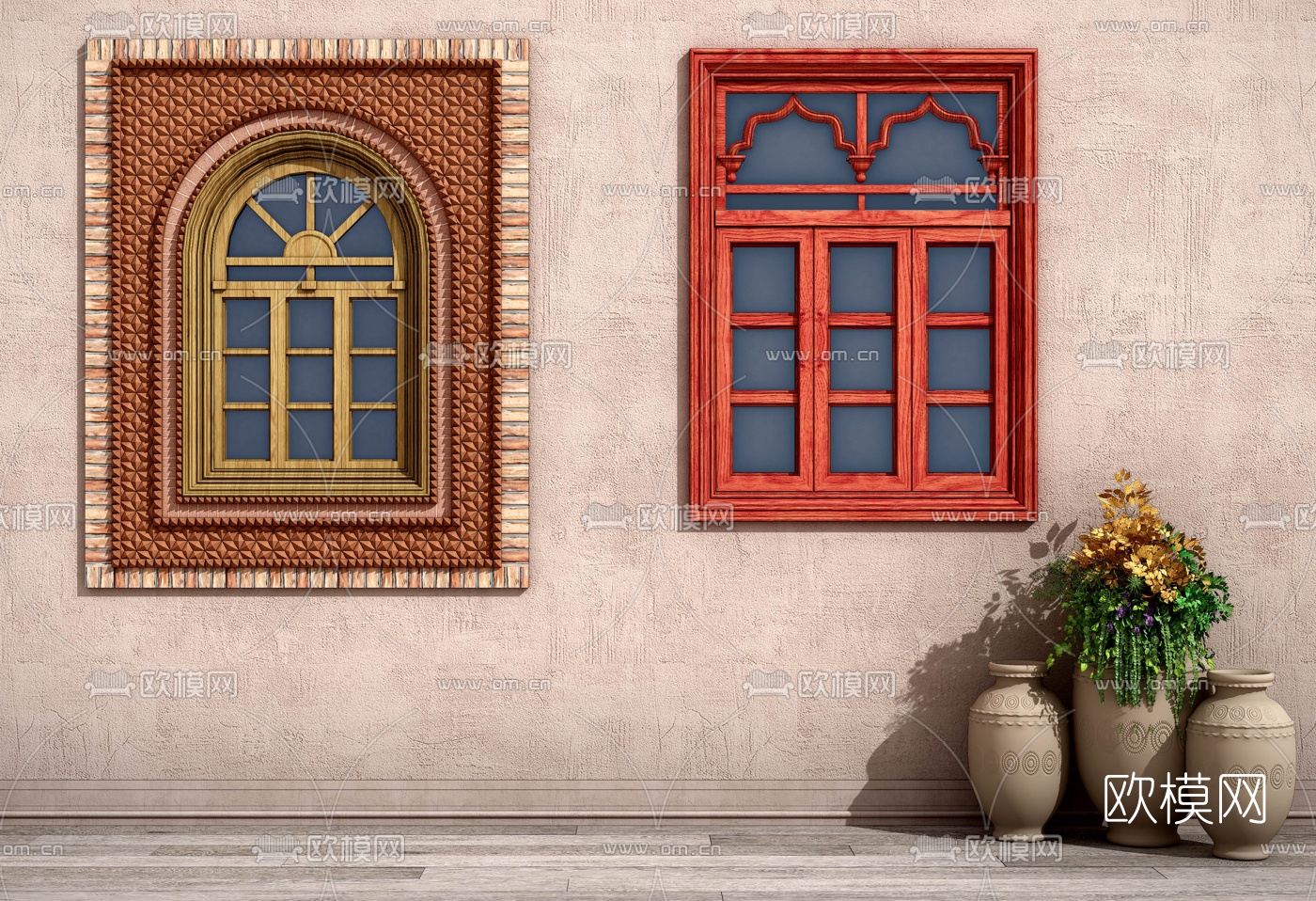 欧式古典实木窗户3d模型下载（渲染图1）