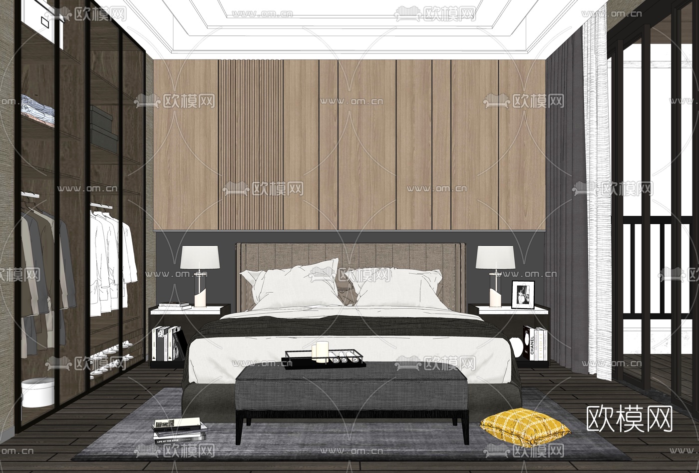 现代轻奢卧室su模型下载（渲染图2）
