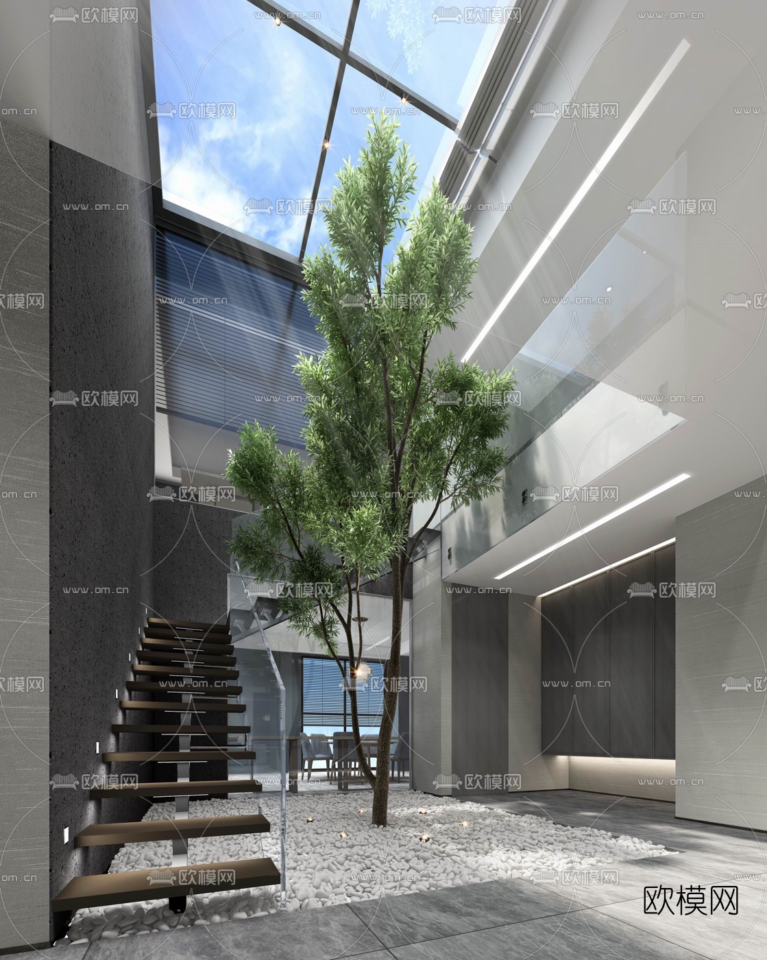 现代民宿酒店中庭3d模型