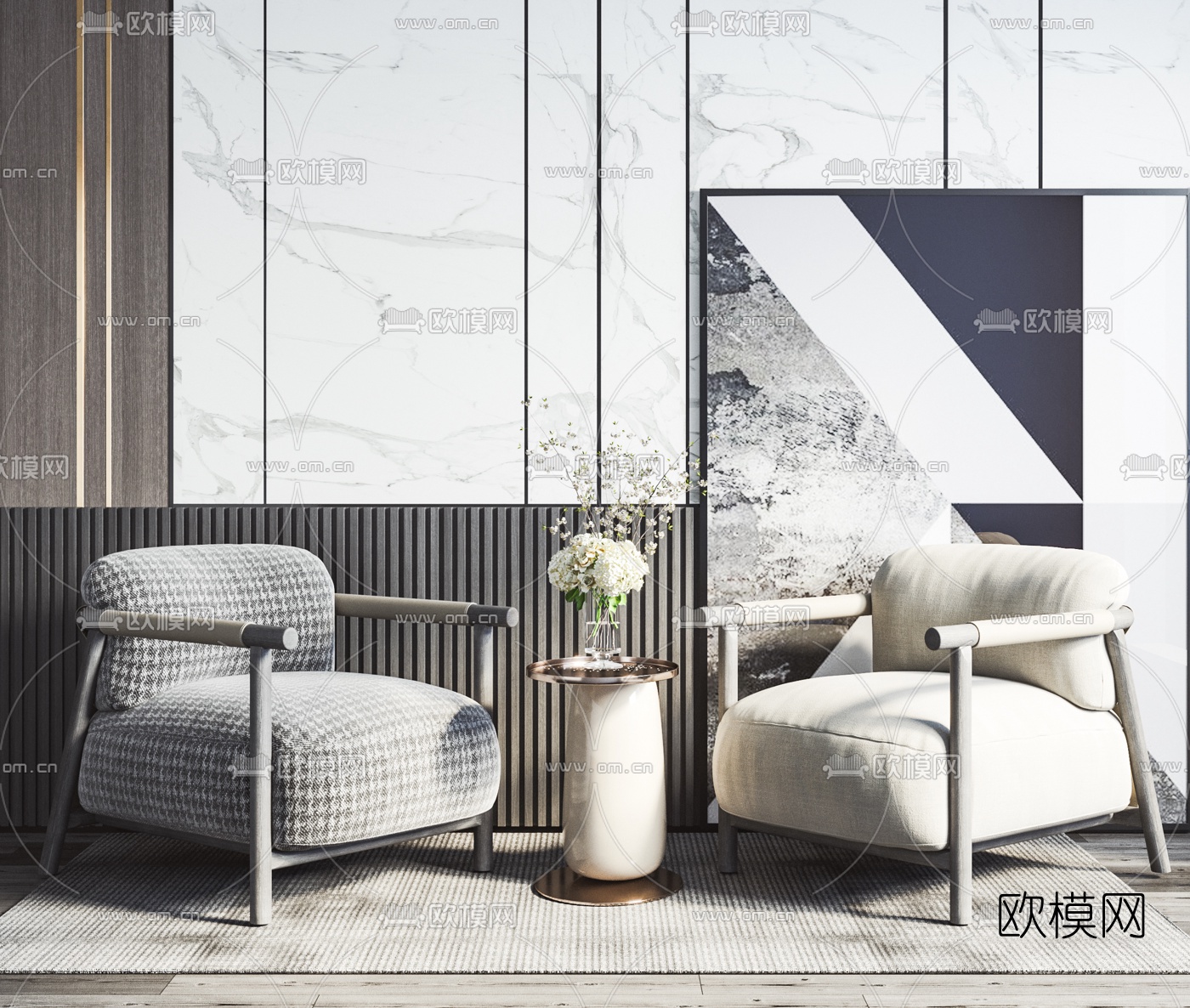 北欧布艺单人沙发边几3d模型下载