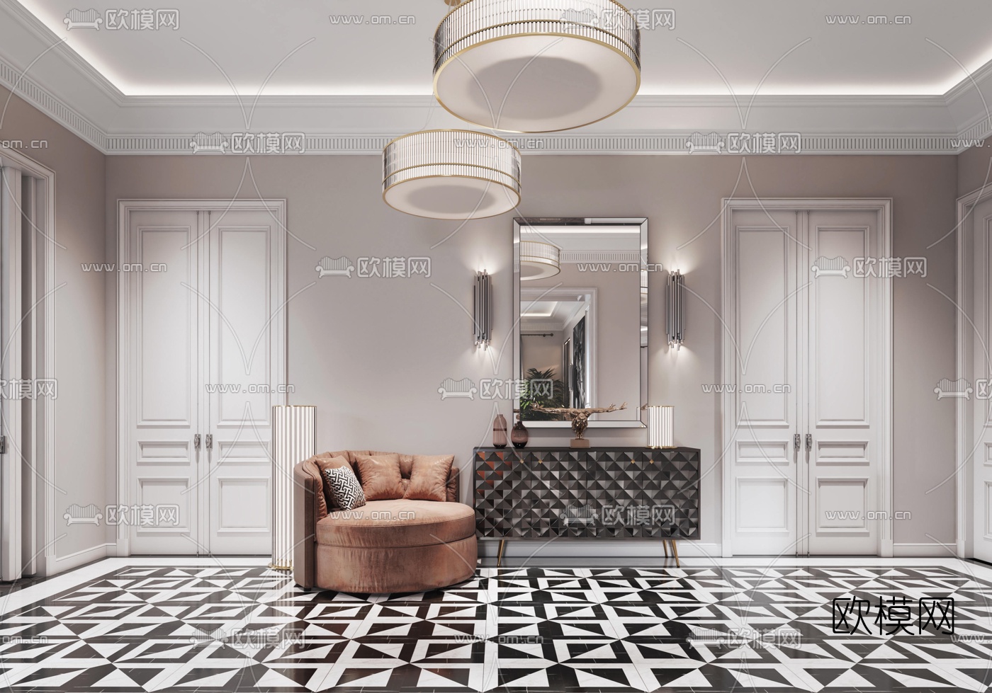 简欧轻奢玄关过道3d模型下载（渲染图2）
