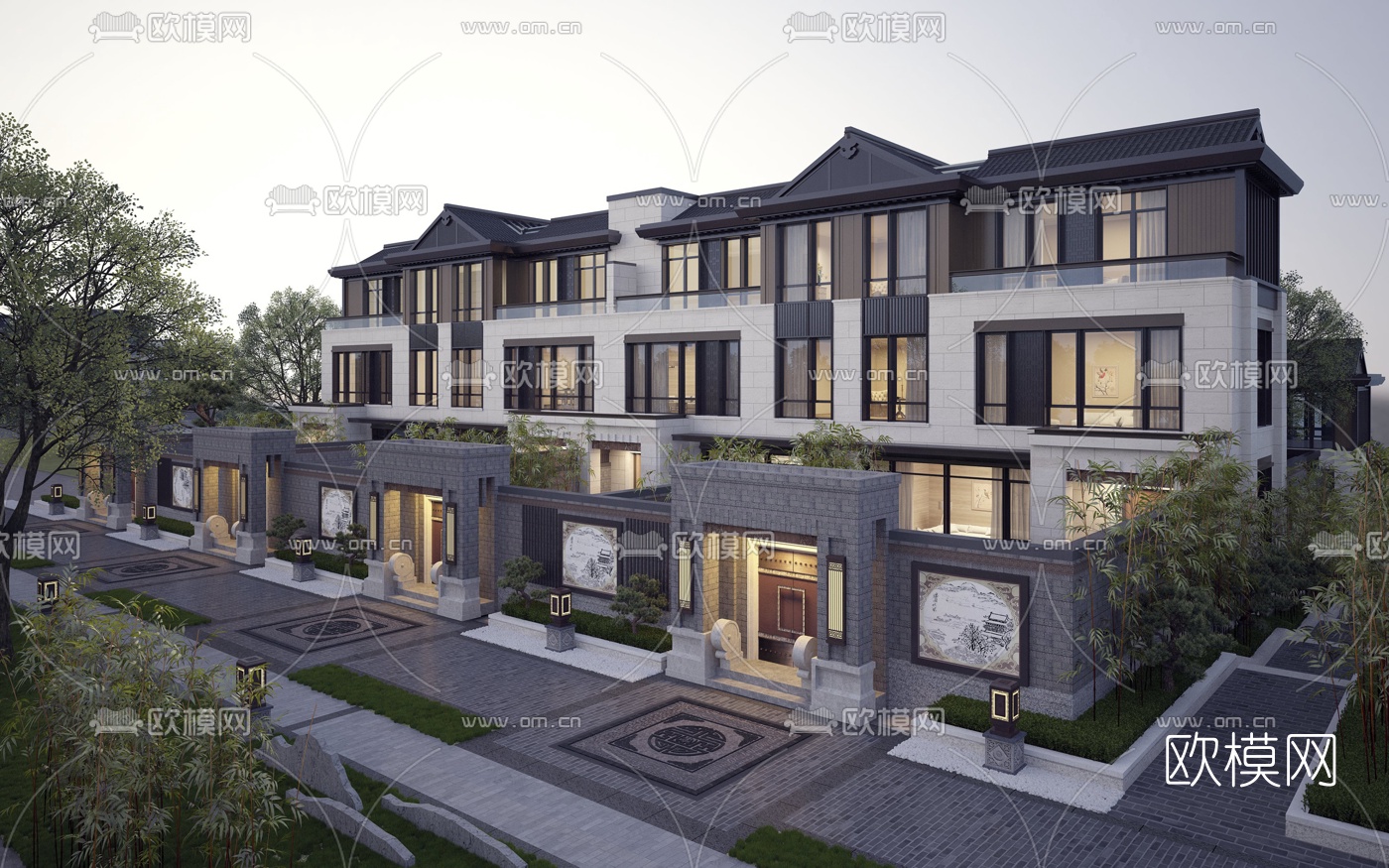 新中式联排别墅建筑外观3d模型