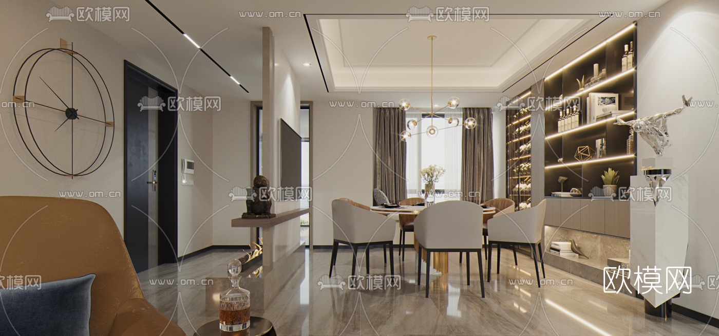 现代轻奢客厅餐厅3d模型