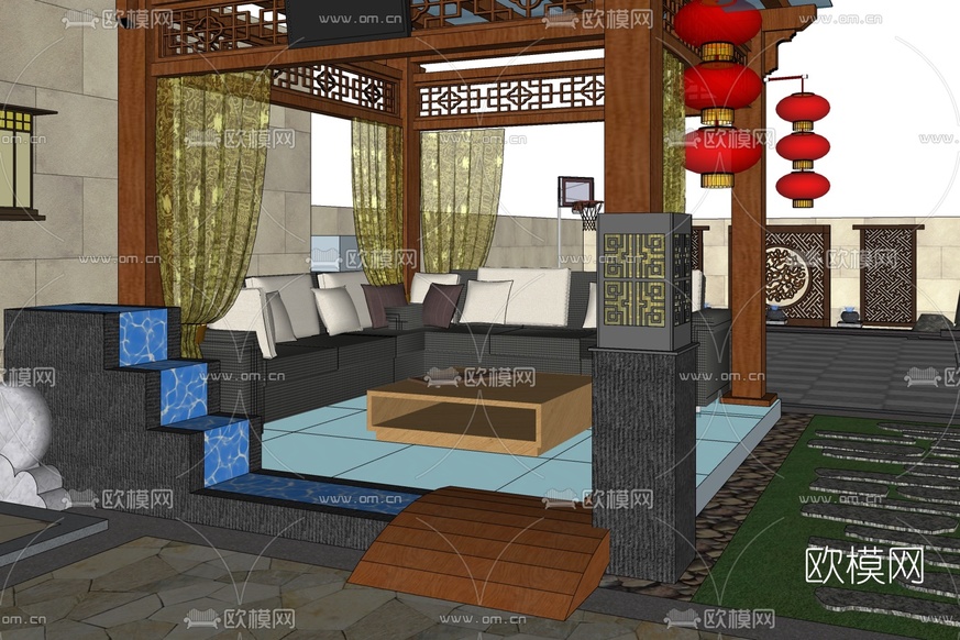新中式实木凉亭免费su模型下载