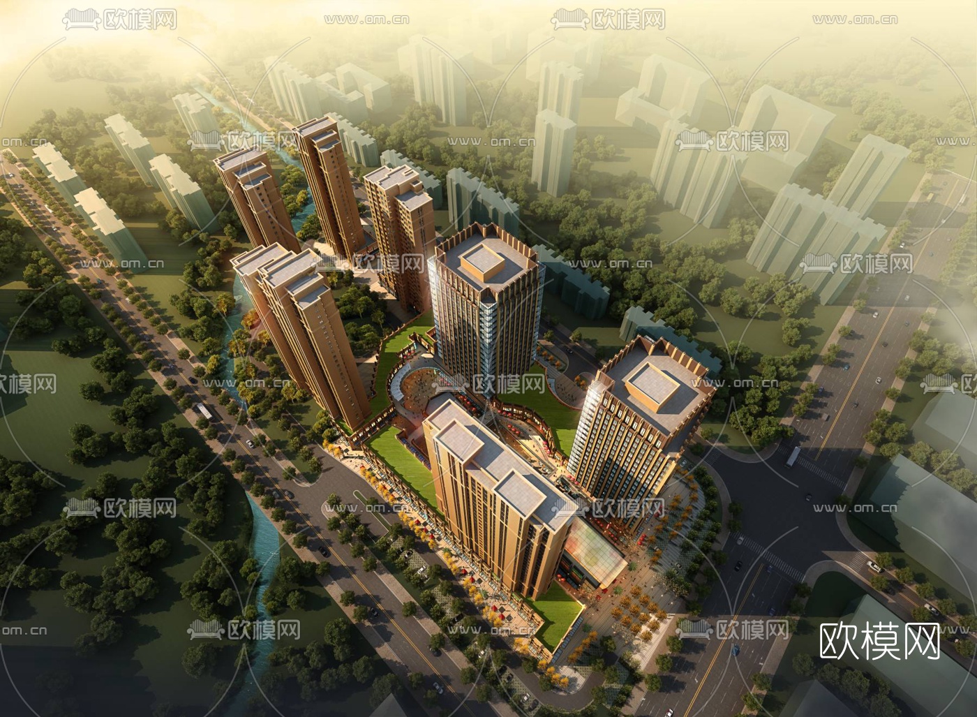 简欧高层住宅小区鸟瞰3d模型下载（渲染图1）